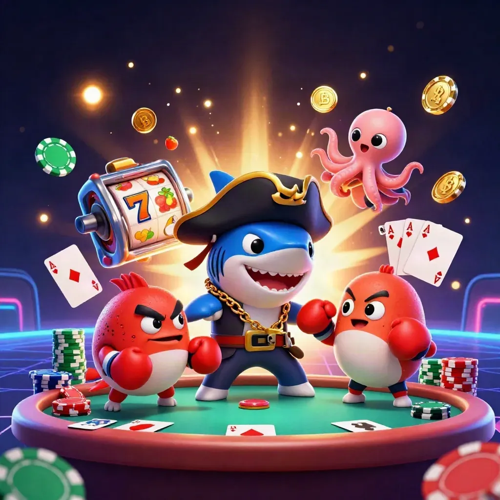 Pirate shark, boxing pufferfish, and juggling octopus amid chips, cards, reels, and neon glow.