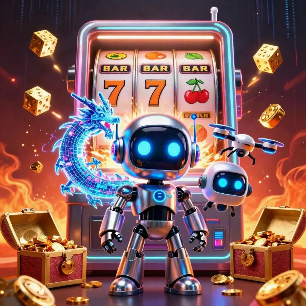 Cyberpunk robot, holographic dragon, and coin drone burst from a slot machine amid glowing jackpots.