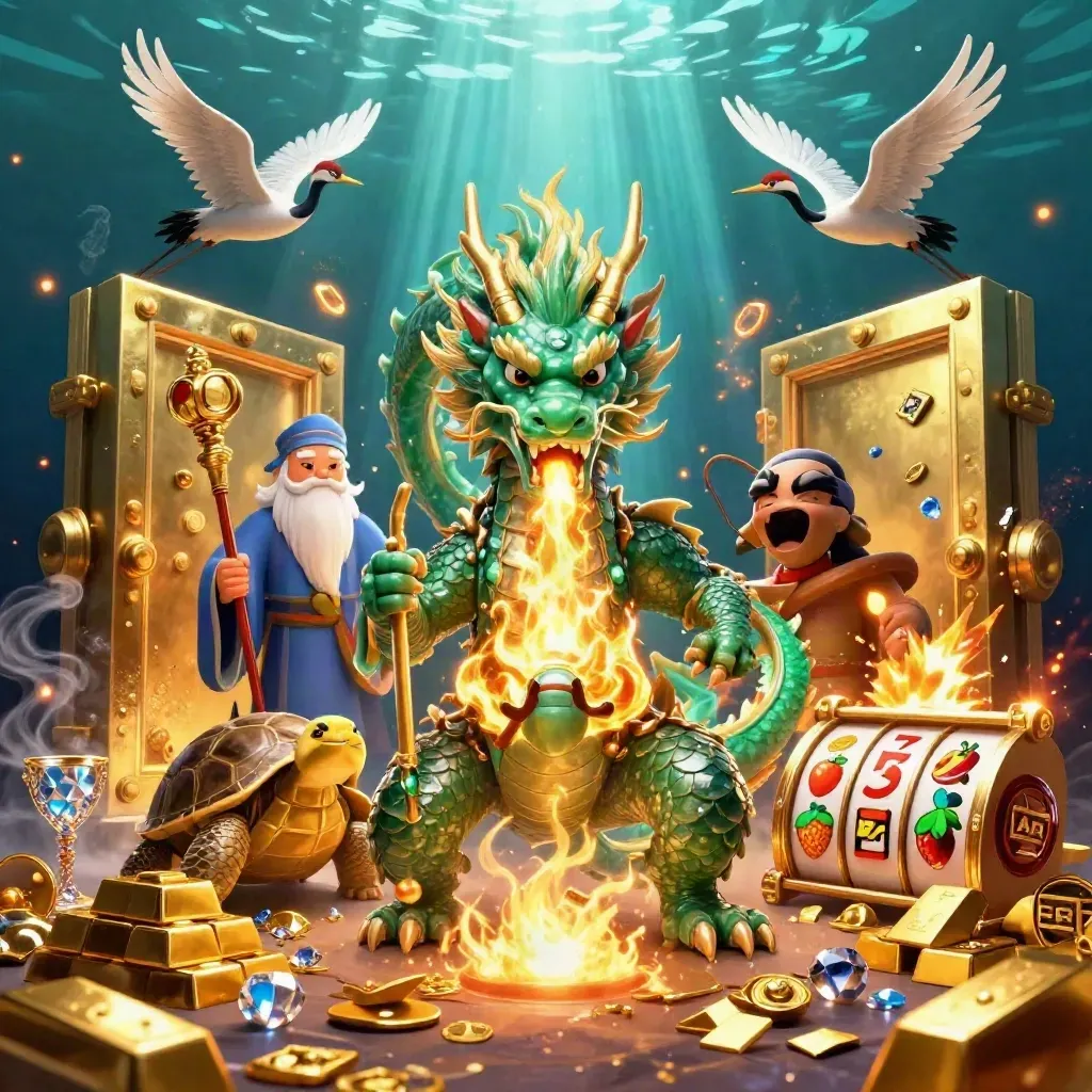 Emerald dragon, turtle sage, and cranes bursting a gold vault in a neon casino scene.