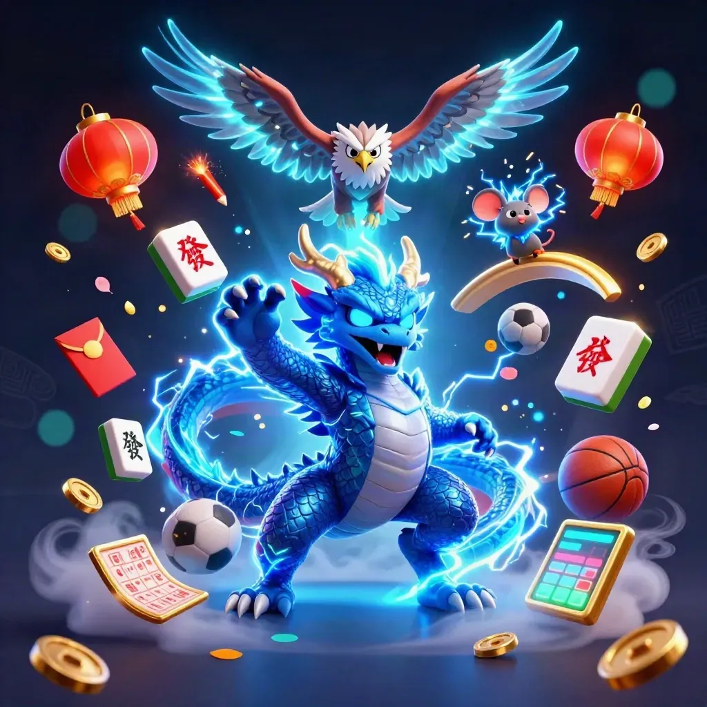 Thunder dragon, hawk, and mouse amid casino and sports tokens in neon glow.