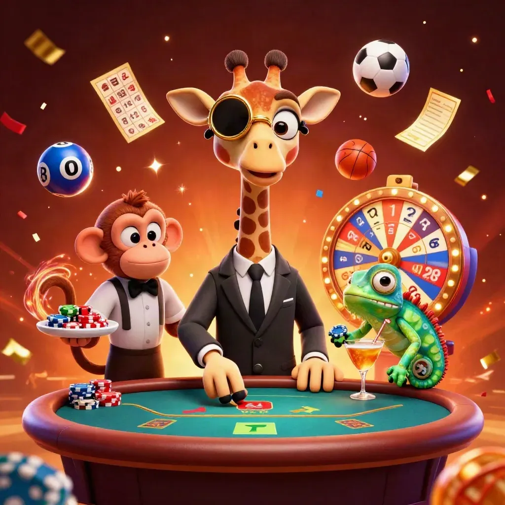 Giraffe high roller, monkey valet, and chameleon bartender amid casino sparks and prize props.