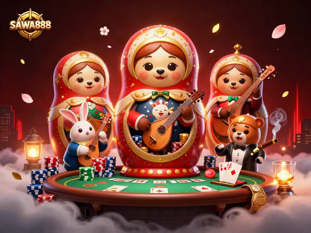 Engage with SAWA888 in a vibrant 3D casino scene featuring lively characters and dynamic poker elements.