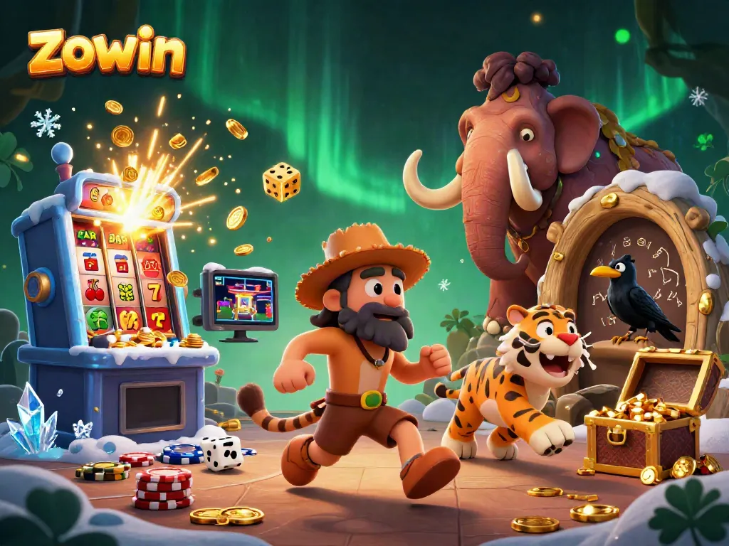 Zowin casino adventure with caveman, sabertooth tiger, and crow amidst vibrant gaming elements.