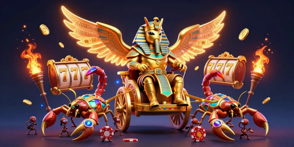 Experience thrilling gaming with SL999, featuring a golden scarab beetle and slot reels amidst dazzling effects.