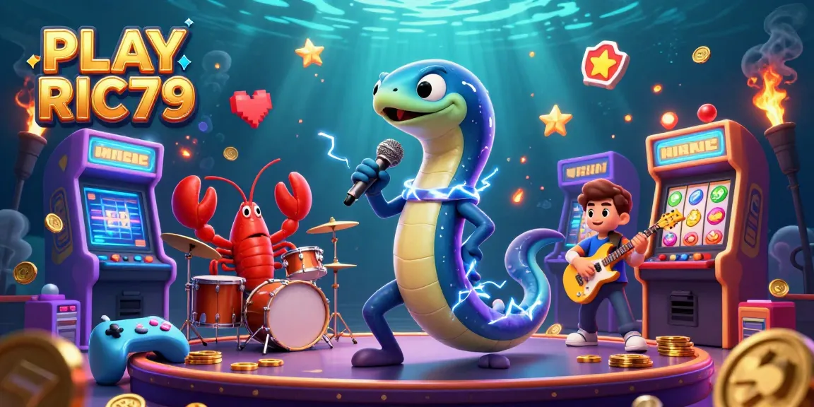Spin to win with PLAY RIC79, featuring a vibrant 3D electric eel DJ and underwater casino scene.