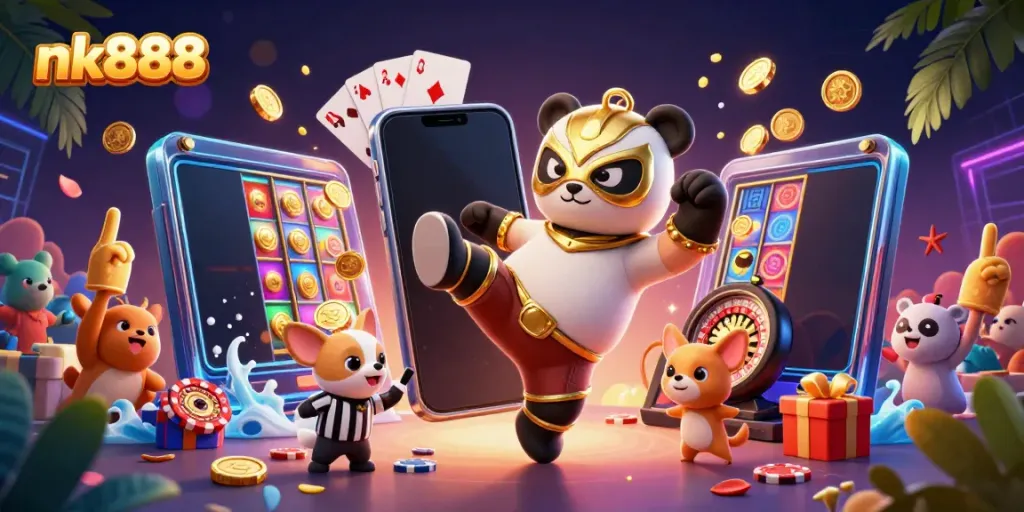 Experience the excitement of nk888 with a vibrant 3D scene showcasing a panda wrestler, referee, and casino elements.