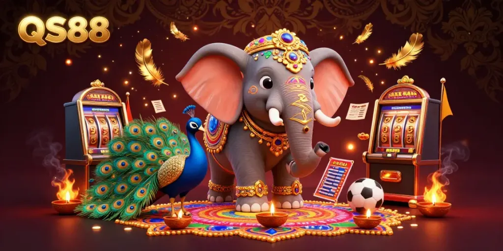 Experience the thrilling QS88 casino atmosphere with vibrant characters, slot elements, and dynamic visuals.