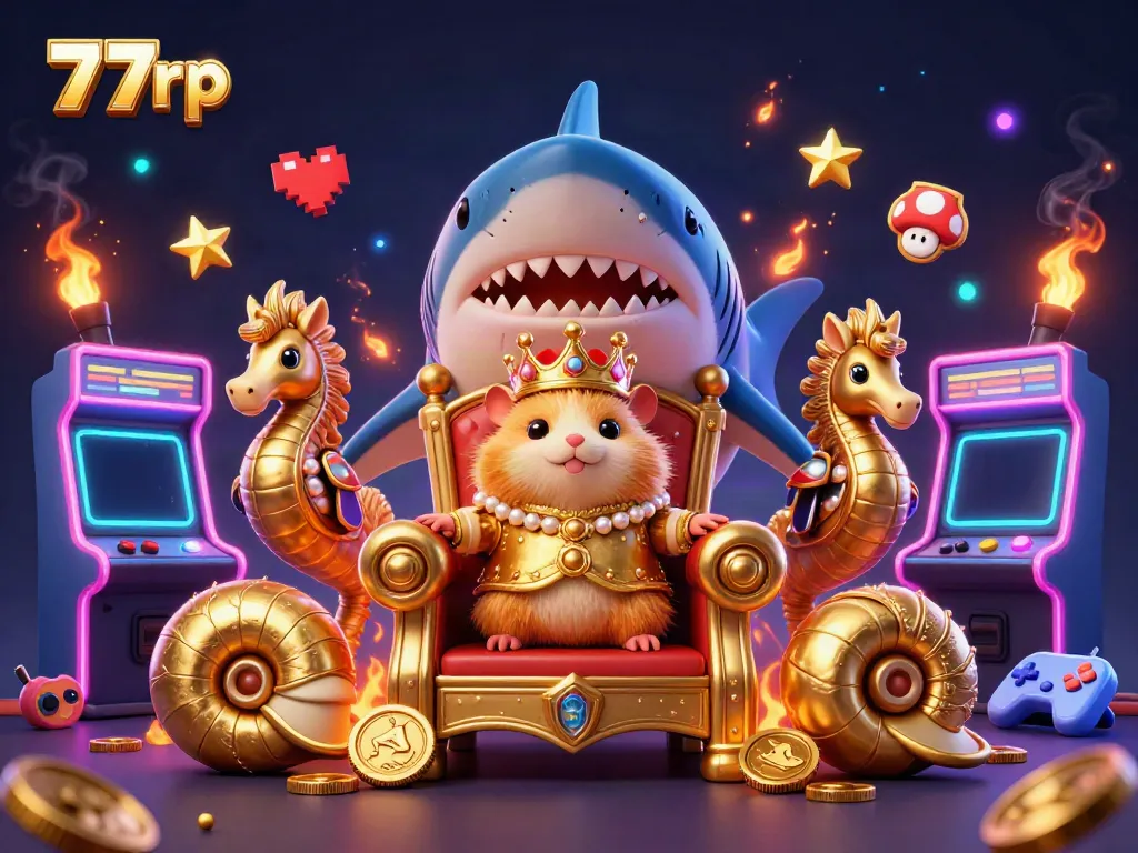 Experience the thrill of 77rp with a golden hamster king ruling from a megalodon throne in a vibrant casino world.