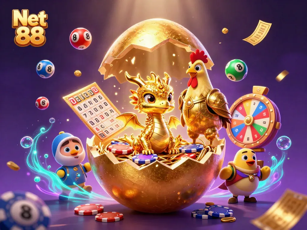 Engage with Net 88's thrilling golden egg reveal, a baby dragon, and vibrant lottery excitement!