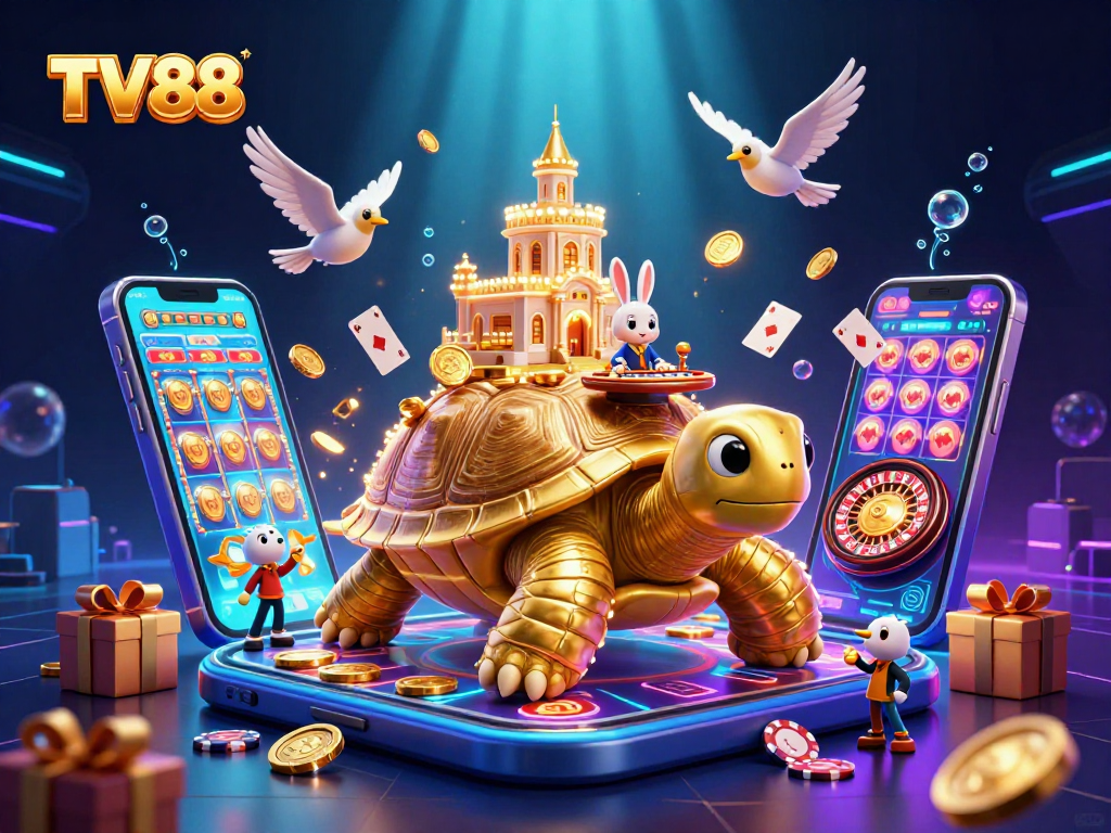 Experience the excitement of TV88 casino with golden tortoise, rabbit dealer, and vibrant game elements.