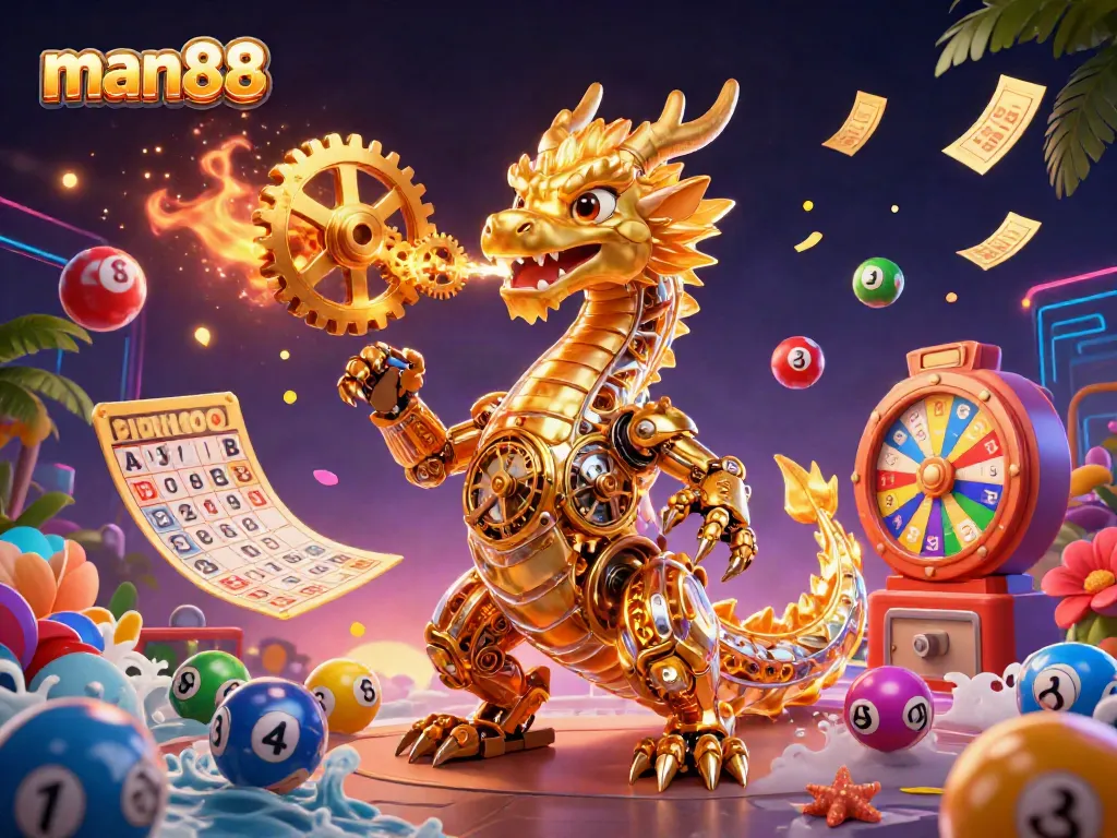 Engage in thrilling games at man88 featuring a biomechanical dragon and vibrant casino elements.