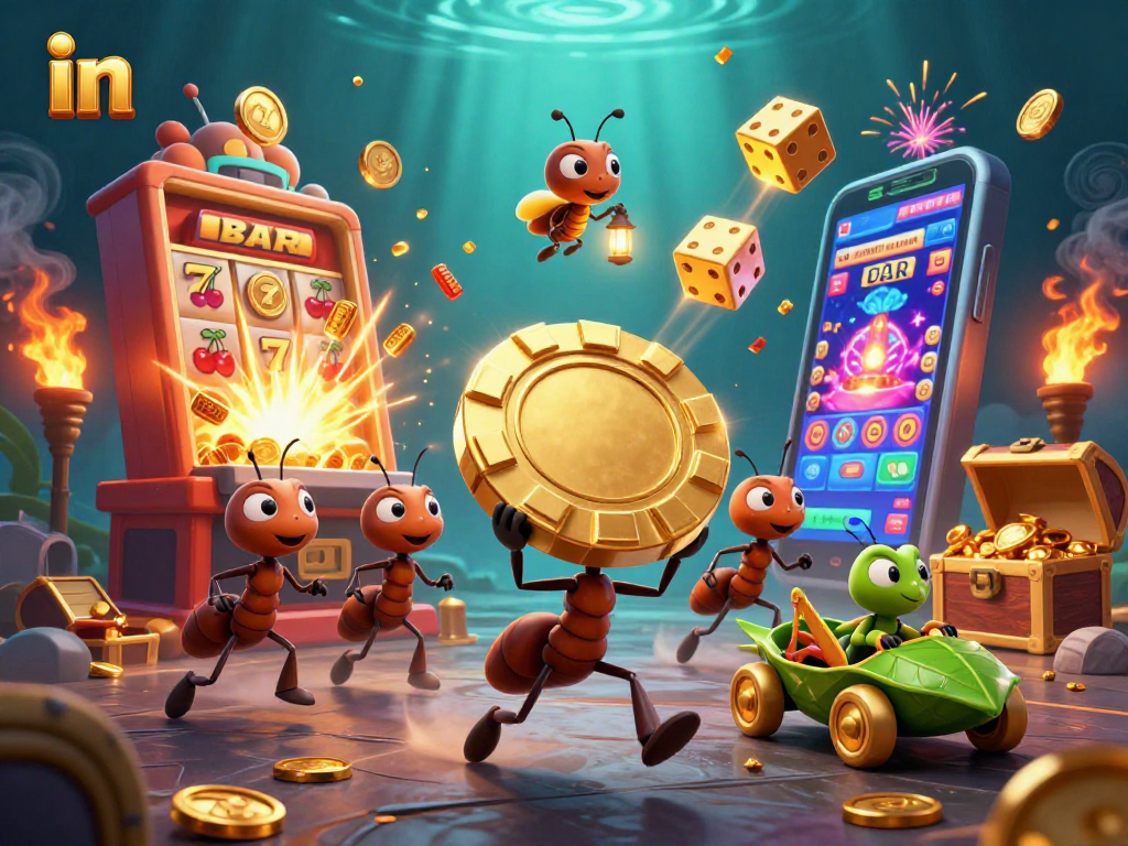 Engage in exciting gameplay as ants carry a gigantic poker chip through a vibrant casino world.