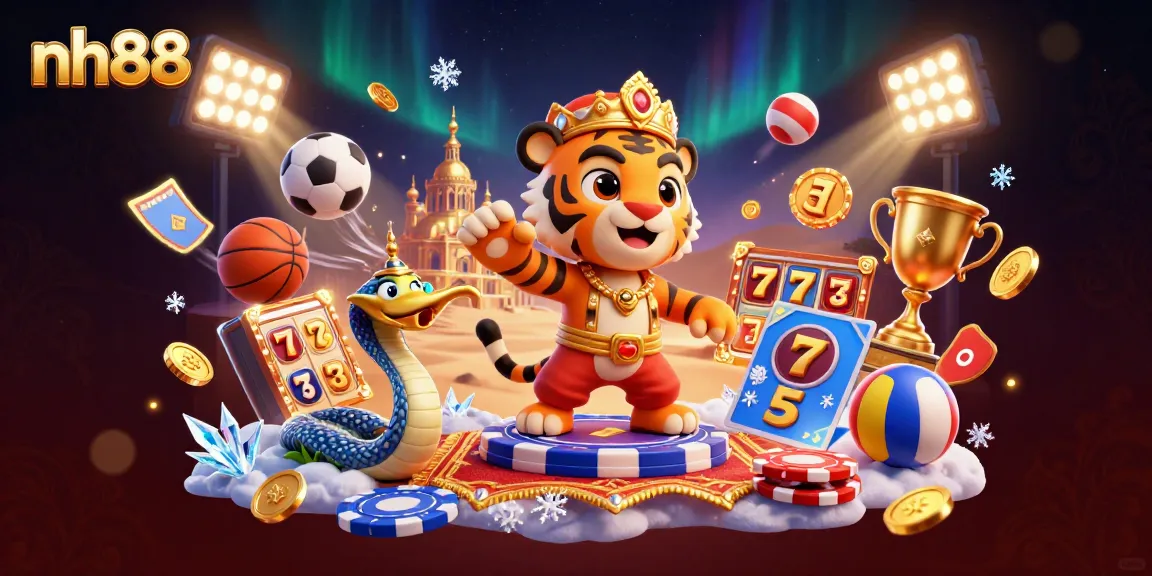 Play slot games at nh88 with a stunning 3D illustration showcasing an Arabian tiger sultan and jackpots.