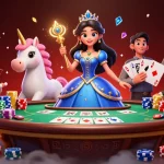 PPTOTO menampilkan suasana kasino yang cerah dengan seorang wanita berpakaian biru royal dan unicorn di tengah elemen poker.
