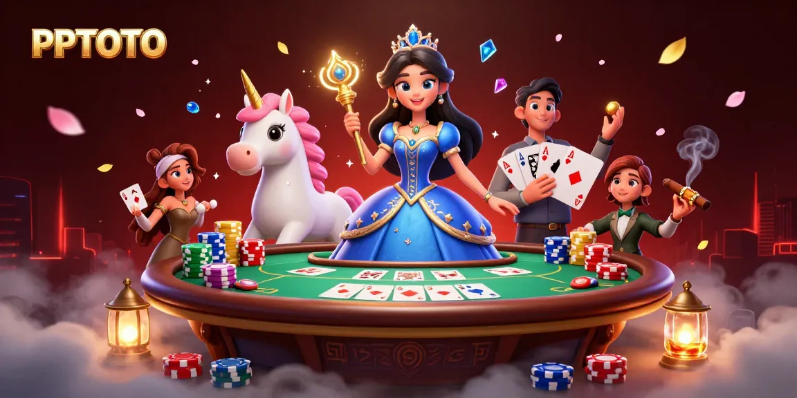 PPTOTO menampilkan suasana kasino yang cerah dengan seorang wanita berpakaian biru royal dan unicorn di tengah elemen poker.