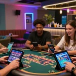 Engaging scene of friends enjoying F168 COM casino games in a modern lounge, capturing excitement and vibrant atmosphere.