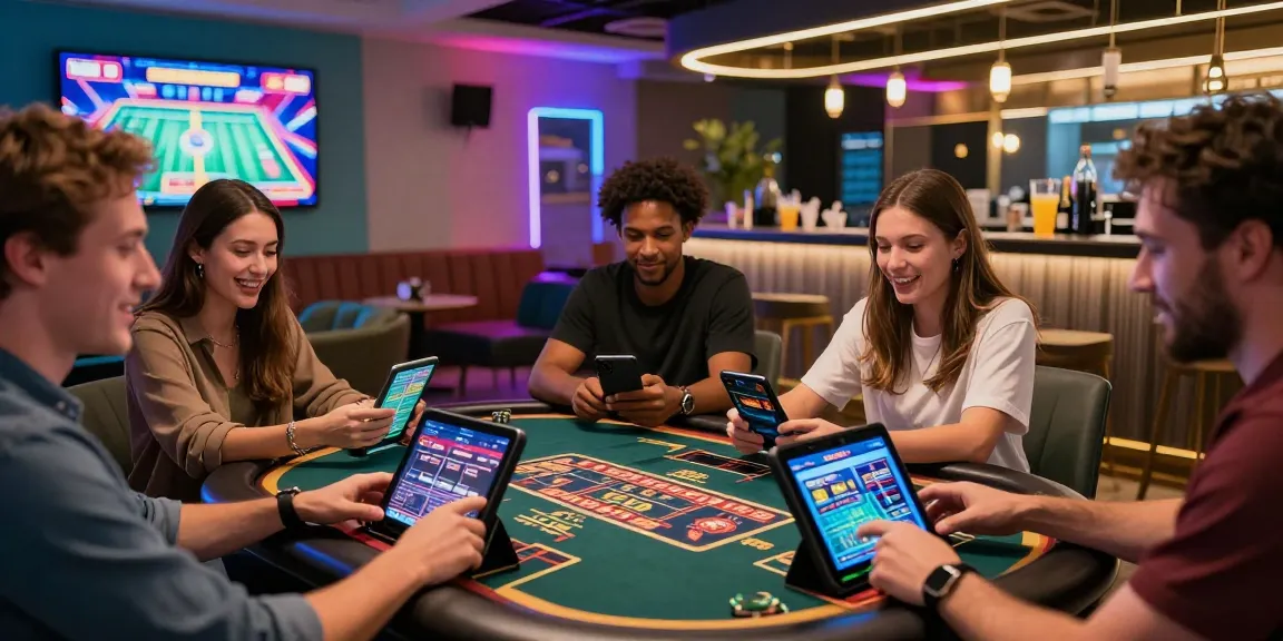 Engaging scene of friends enjoying F168 COM casino games in a modern lounge, capturing excitement and vibrant atmosphere.