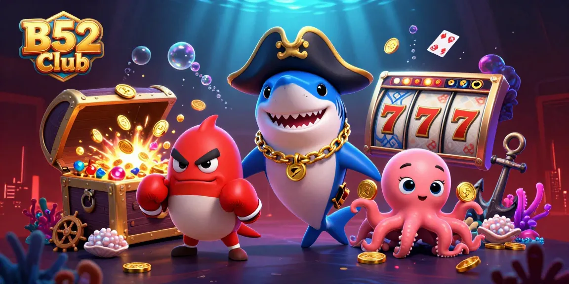 Engage with B52 Club's thrilling gaming experience illustrated by vibrant casino-themed characters.