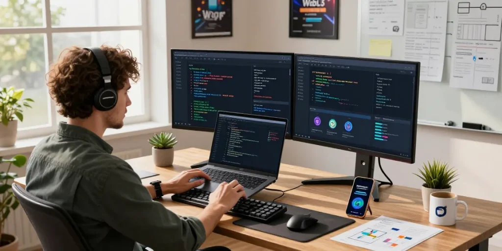 Web3 tech workspace with developer coding blockchain applications on dual monitors, showcasing innovative software development.