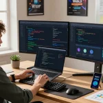 Web3 tech workspace with developer coding blockchain applications on dual monitors, showcasing innovative software development.