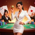Betting high at fly88 com with an Asian woman confidently holding a roulette ball, surrounded by poker elements.