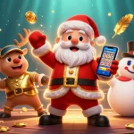 Aksi slot NAGA2000 menampilkan Santa Claus dan teman-teman yang memenangkan jackpot dalam suasana kasino yang dinamis