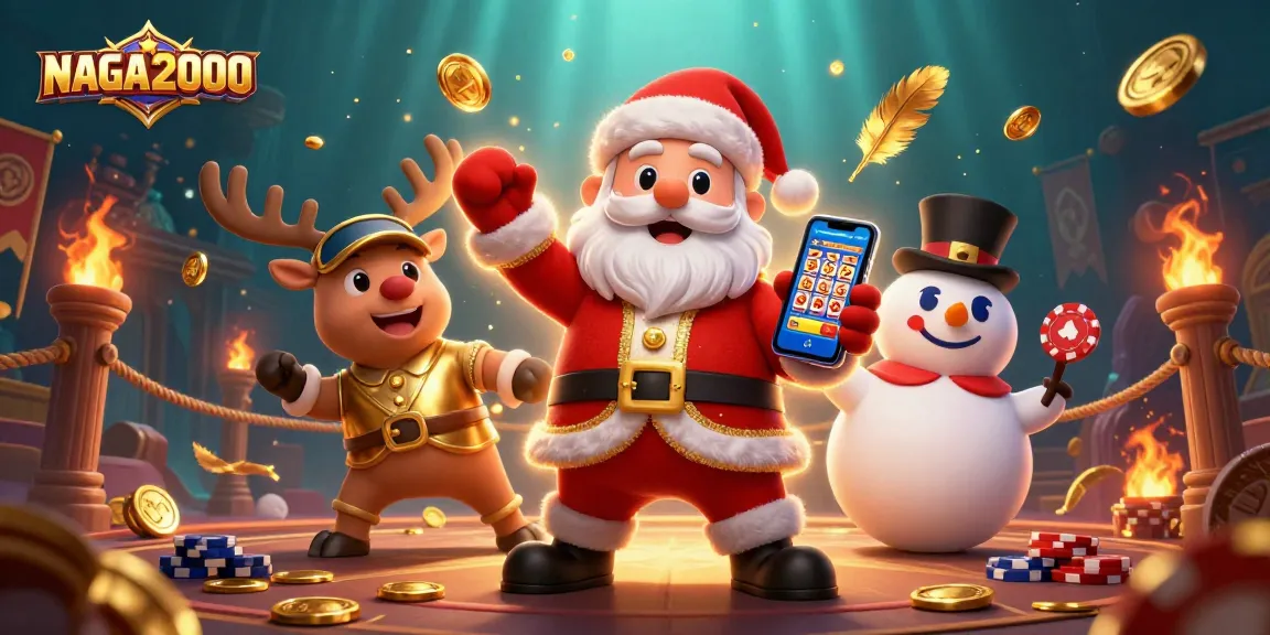 Aksi slot NAGA2000 menampilkan Santa Claus dan teman-teman yang memenangkan jackpot dalam suasana kasino yang dinamis
