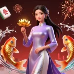 Engage with vivu887's vibrant gaming scene showcasing an elegant Asian woman with koi fish in a casino setting.