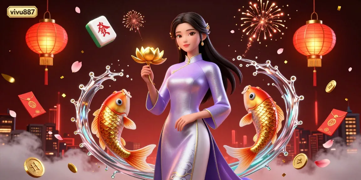 Engage with vivu887's vibrant gaming scene showcasing an elegant Asian woman with koi fish in a casino setting.