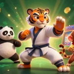 Engaging scene showcasing a slot bonus new member with a kung fu tiger master and panda accomplice amid vibrant slot machines.