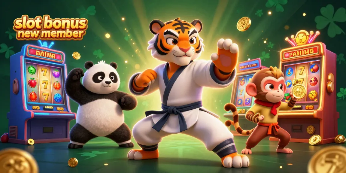 Engaging scene showcasing a slot bonus new member with a kung fu tiger master and panda accomplice amid vibrant slot machines.