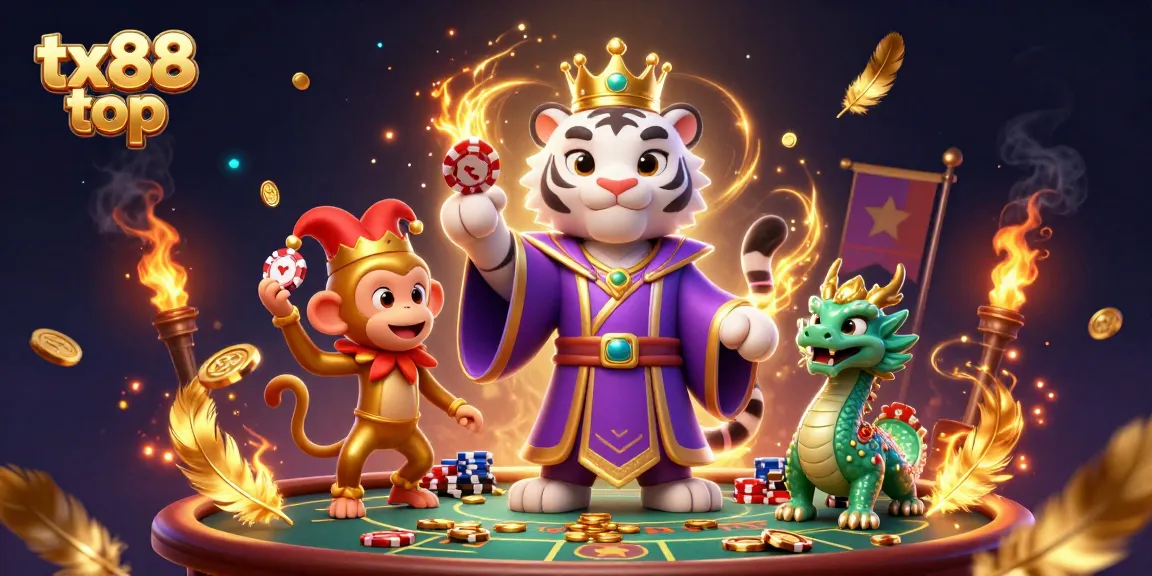 Experience the thrill of tx88 top as a playful monkey juggles poker chips in a vibrant casino setting.