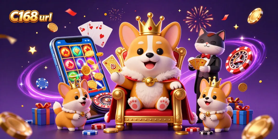 Experience thrilling games at C168 url with royal corgi and charming characters in a vibrant casino scene.