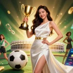 Bet on success with 100win1, featuring a victorious woman holding a trophy amidst vibrant sports betting elements.