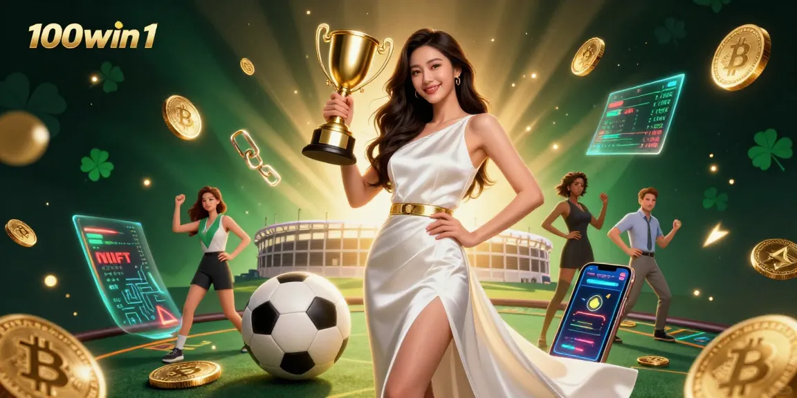 Bet on success with 100win1, featuring a victorious woman holding a trophy amidst vibrant sports betting elements.