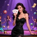Terlibat dengan aksi lotere GOTOTO, menampilkan wanita Asia yang stylish dengan kartu as di kasino yang penuh warna.