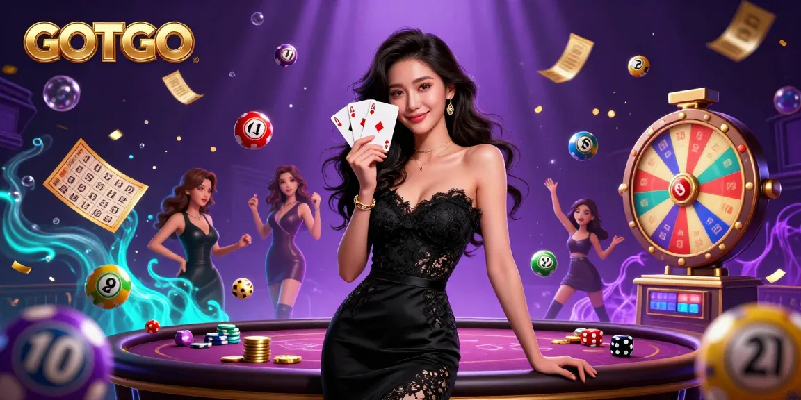 Terlibat dengan aksi lotere GOTOTO, menampilkan wanita Asia yang stylish dengan kartu as di kasino yang penuh warna.