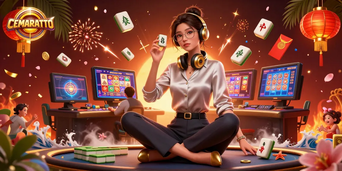 CEMARATOTO casino illustration showcasing an elegant Asian woman at a vibrant gaming setup with dynamic slot games.