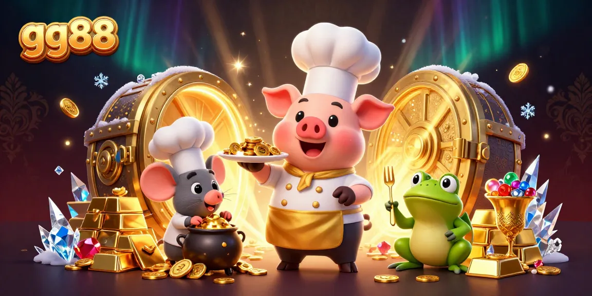 Experience the joy of winning with gg88 as a chef pig serves gold coins in a vibrant casino scene.