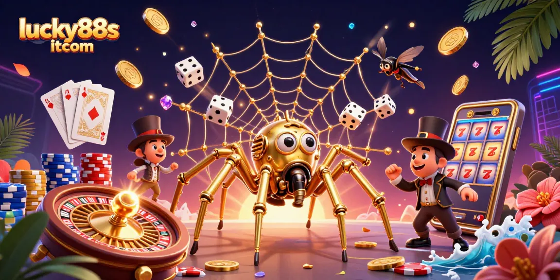 Engage with lucky88s itcom as a vibrant 3D casino scene filled with golden coins, lively characters, and dynamic gaming elements.