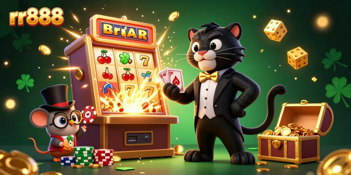 Experience thrilling moments with rr888 as a stylish black panther deals cards amid a vibrant casino scene.