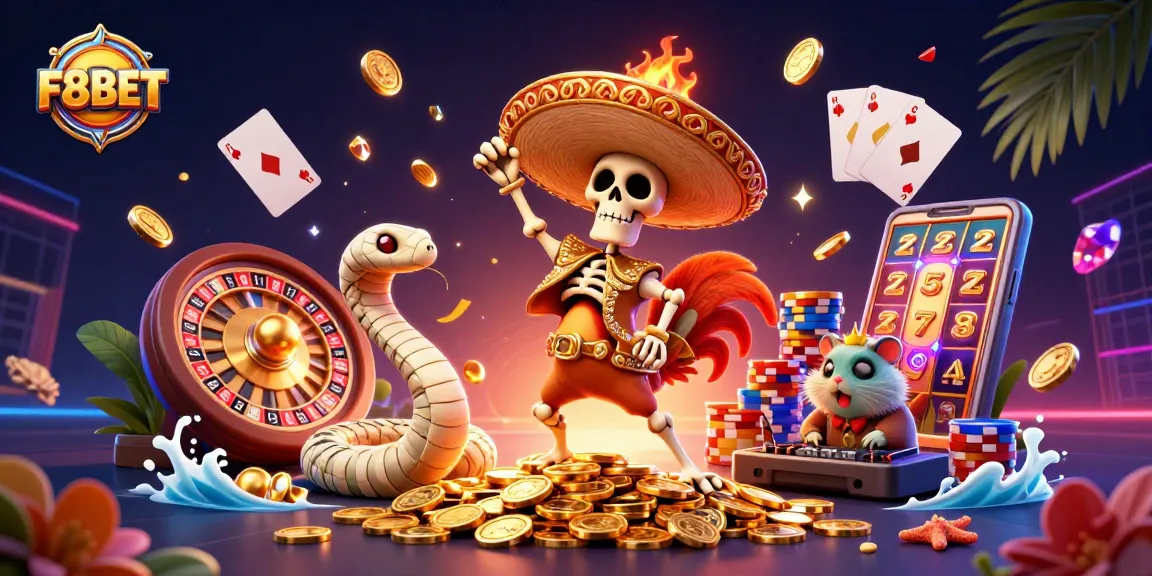 F8BET stacks golden coins while a mariachi rooster celebrates, showcasing thrilling casino excitement.