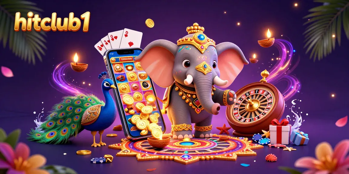 Experience hitclub1's vibrant gambling world with a lively scene of colorful games and characters