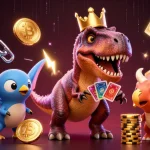 Experience thrilling action with vvvwin as cartoon dinosaurs shuffle cards and stack chips in a vibrant casino setting.