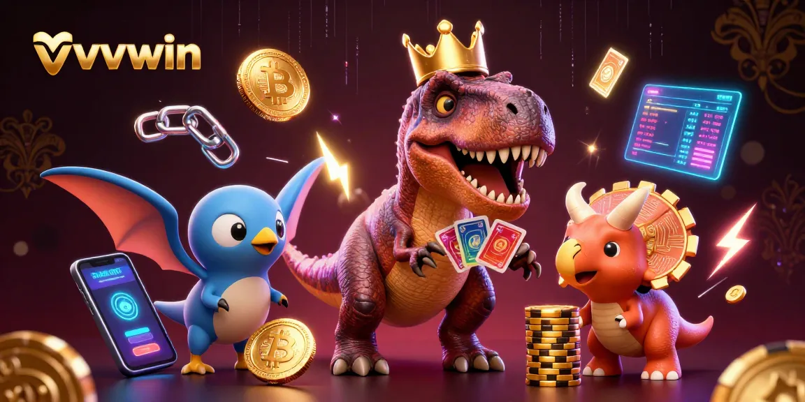 Experience thrilling action with vvvwin as cartoon dinosaurs shuffle cards and stack chips in a vibrant casino setting.