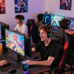 Engaged gamers enjoying hentaigames in a vibrant gaming room with anime decor.