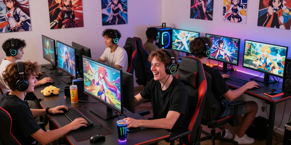 Engaged gamers enjoying hentaigames in a vibrant gaming room with anime decor.