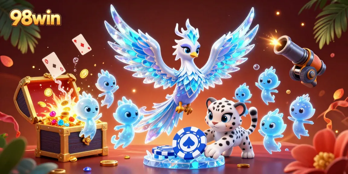 Engage in thrilling gameplay with 98win's stunning 3D casino scene featuring vibrant characters and dynamic elements.