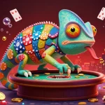 Engage with mb66 casino, featuring 3D chameleon character surrounded by vibrant gaming elements.