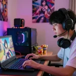 Engaging gaming scene showcasing a player enjoying ecchi games with vibrant setup and character posters.